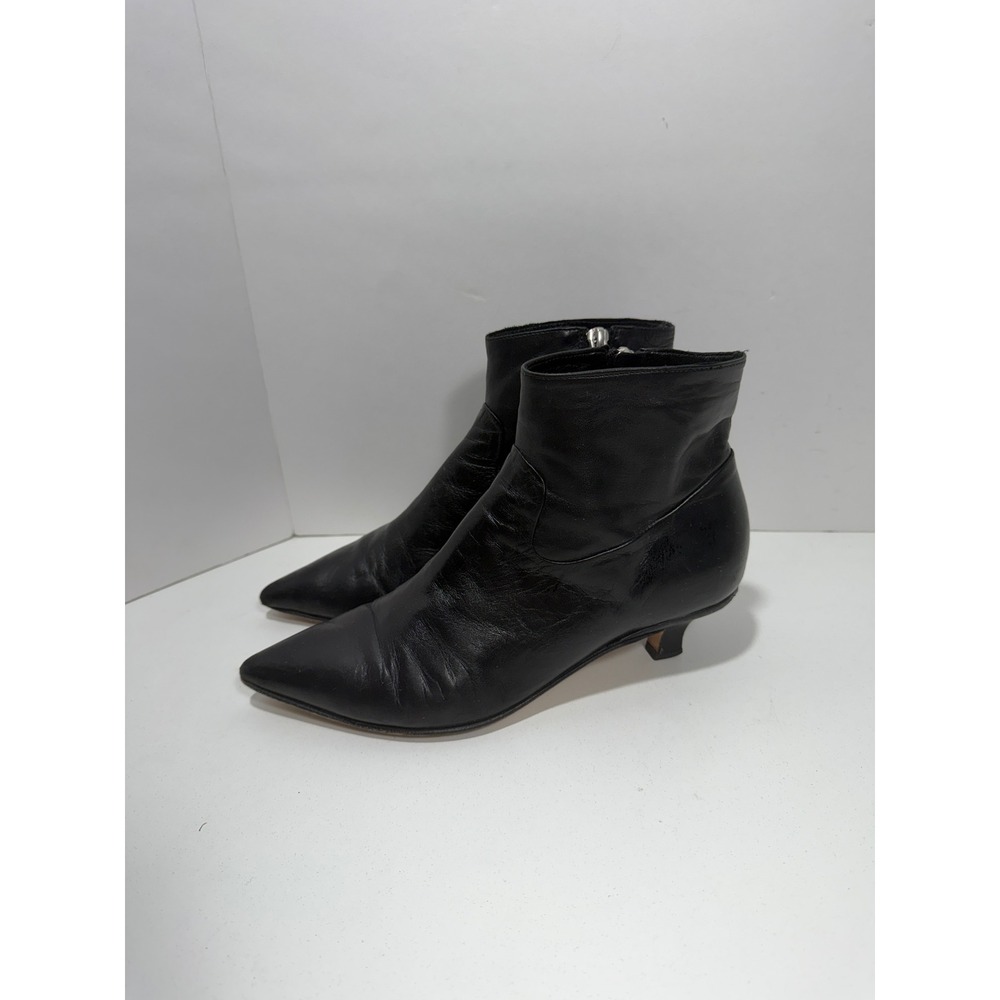 POMME D'OR dor Black Leather Pointed Toe Kitten Heel Ankle Boots Zip Up sz36 / 6